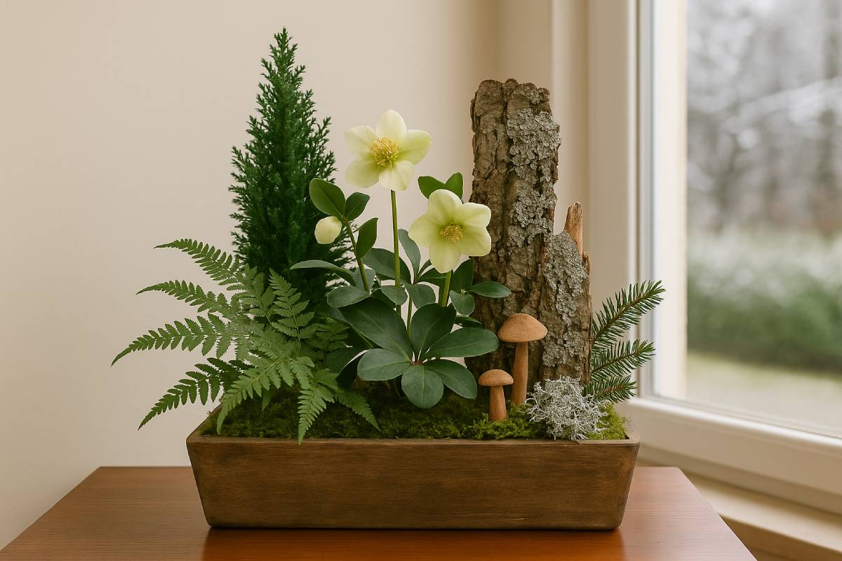 Fioriera con helleborus, felci delicate e una piccola conifera