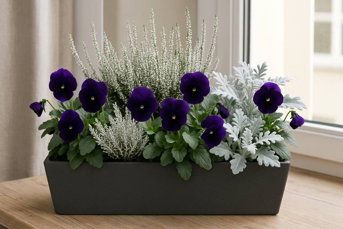 Viole del pensiero viola scuro, eriche argentate e edelweiss
