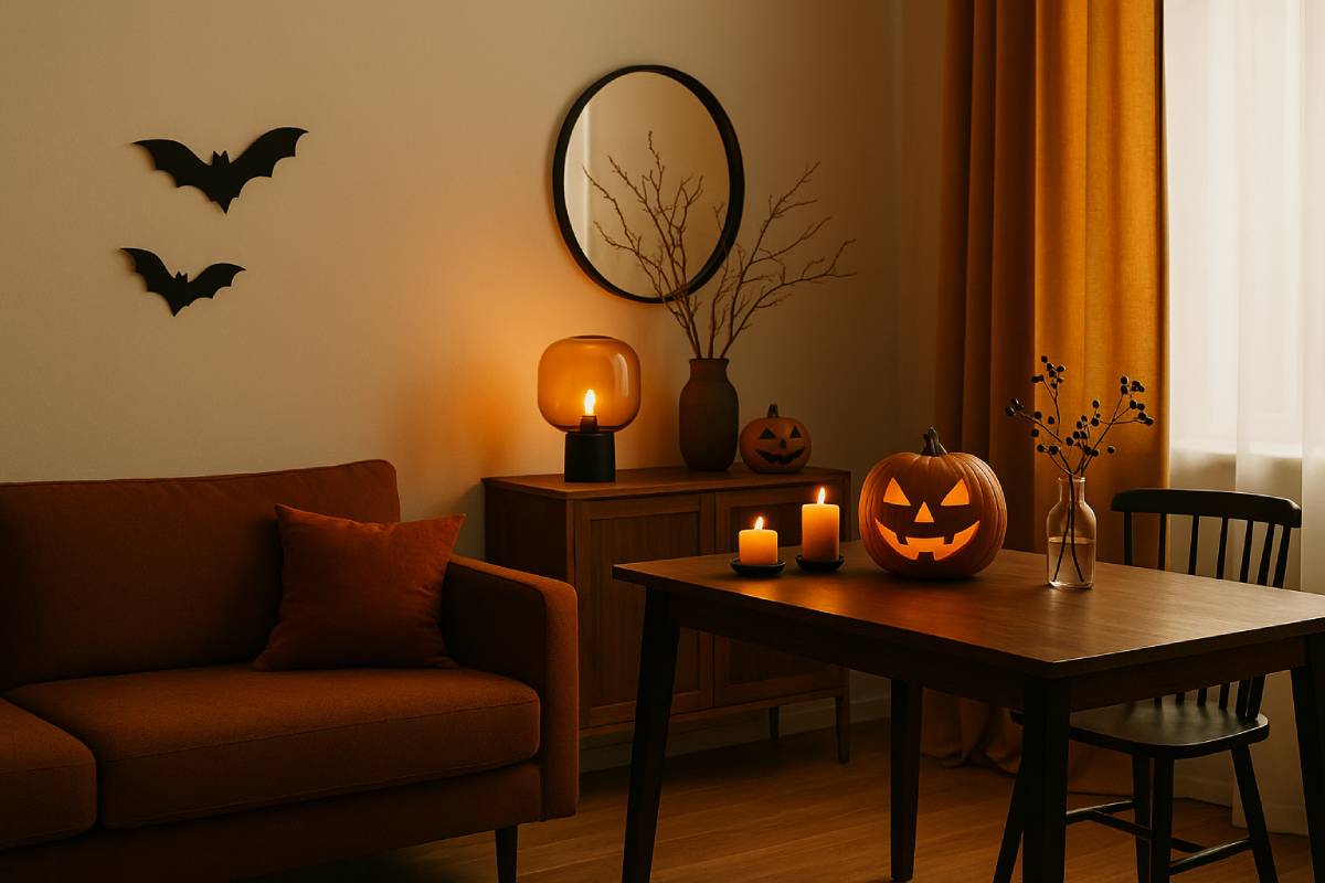 Soggiorno con toni autunnali e decorazioni per Halloween