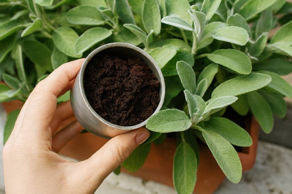 Fondi del caffè e pianta di salvia