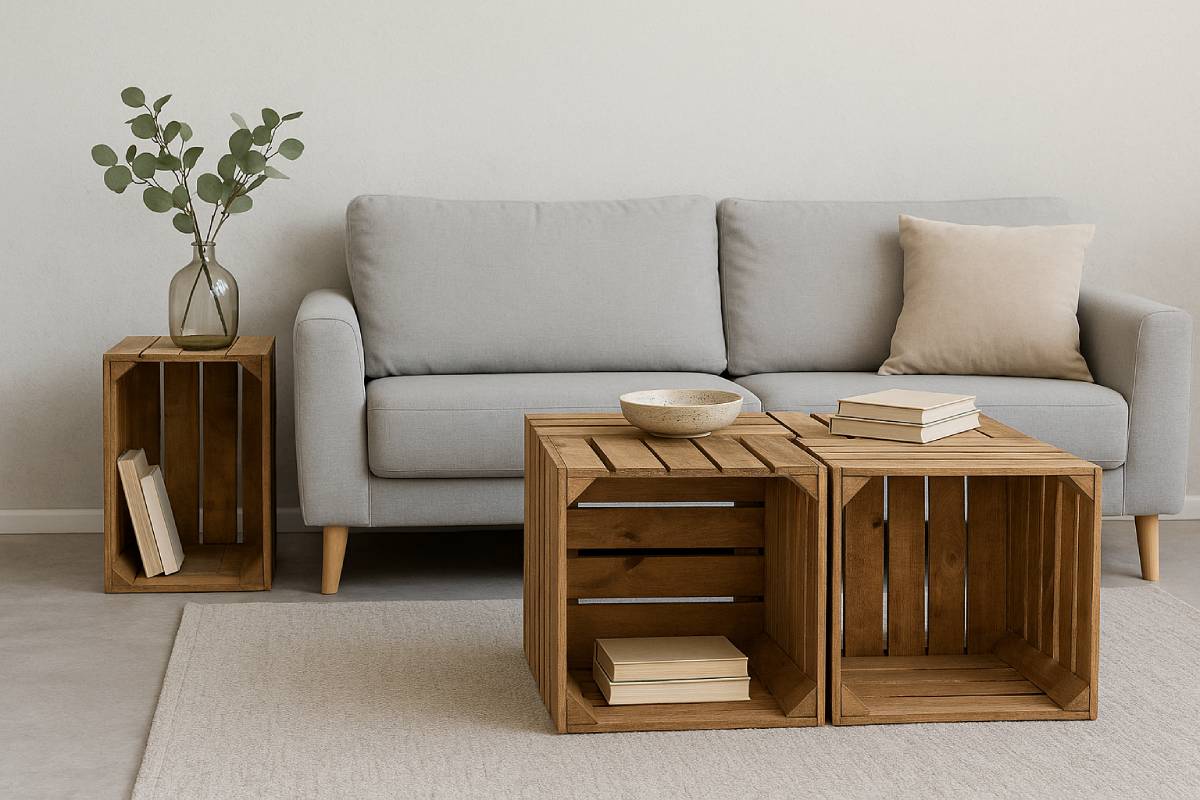Tavolino e comodino con cassette di legno,