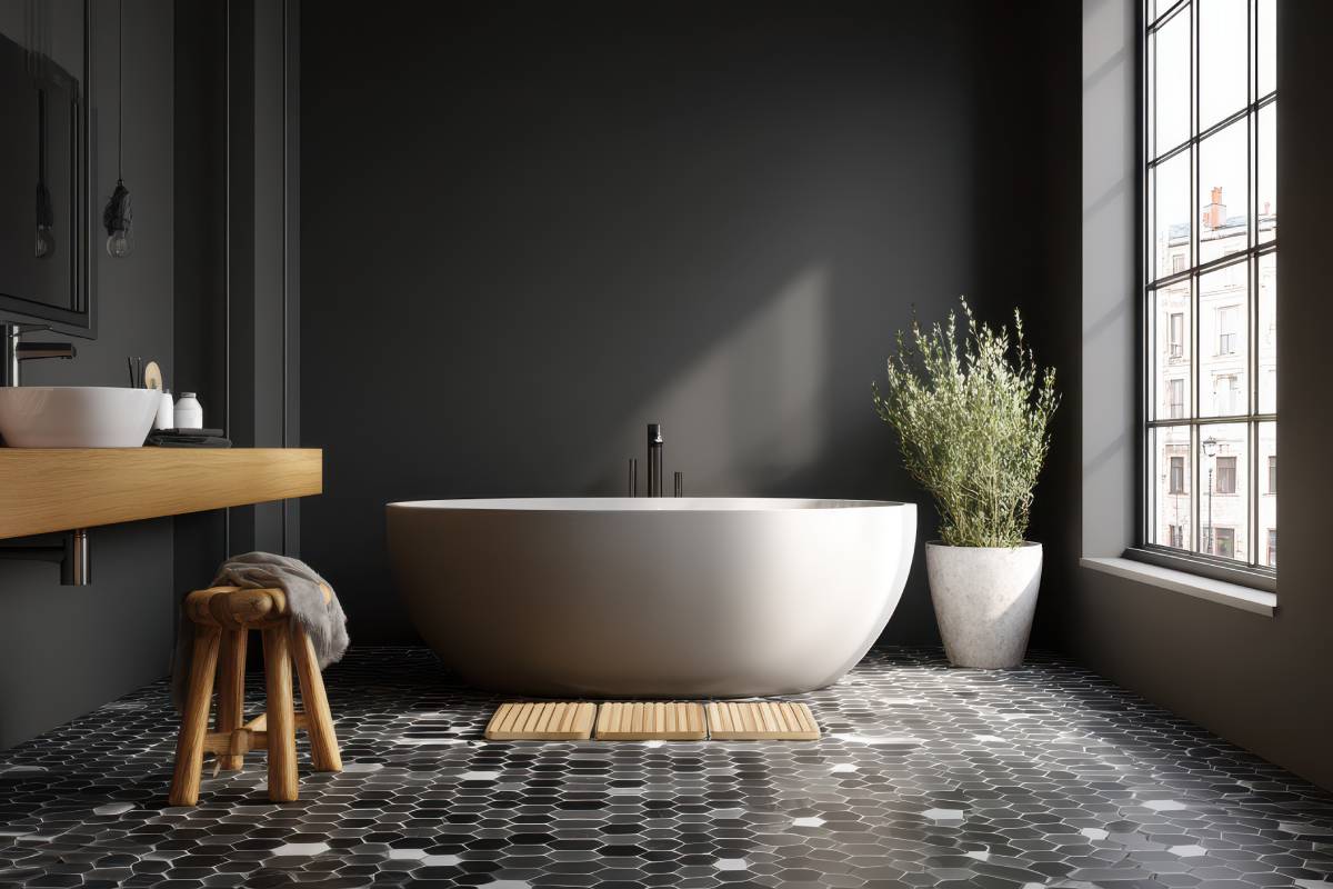 Bagno con pavimento e parete neri