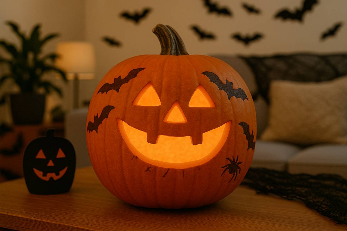 Zucca intagliata con pipistrelli e ragni sulla buccia