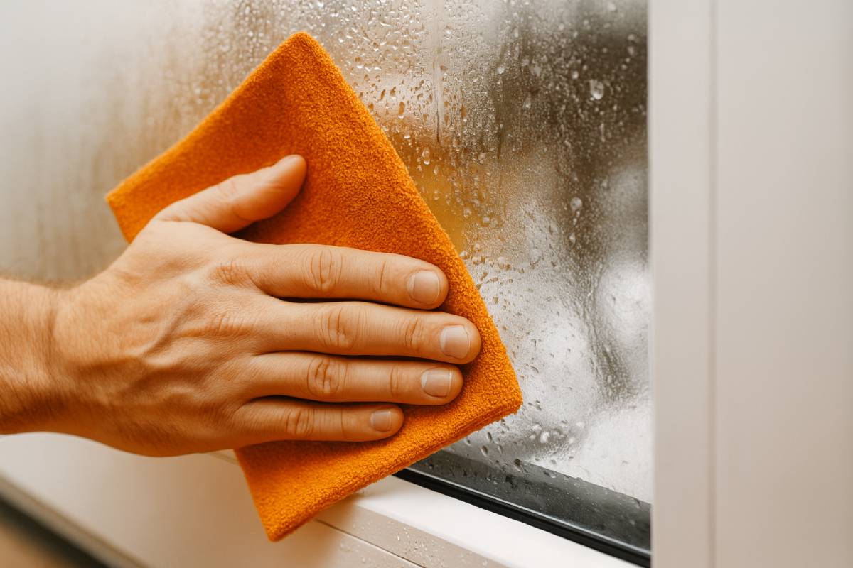 Mano maschile che asciuga la condensa su una finestra, gesto quotidiano che evita la muffa in casa in autunno.