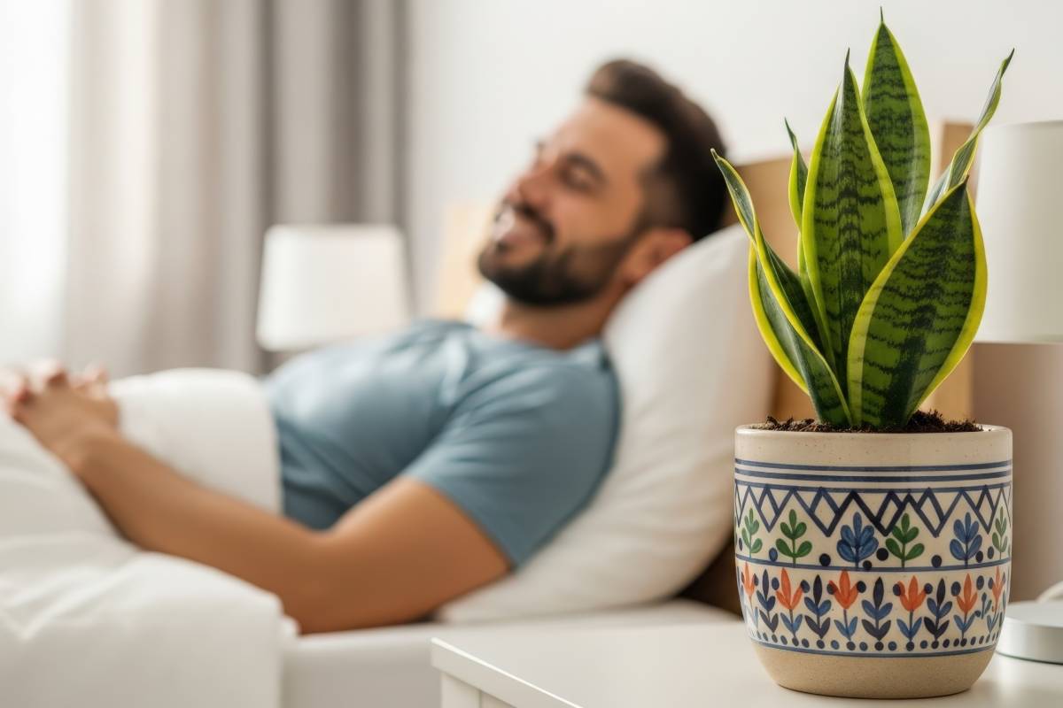 Uomo che dorme bene con sansevieria in camera da letto