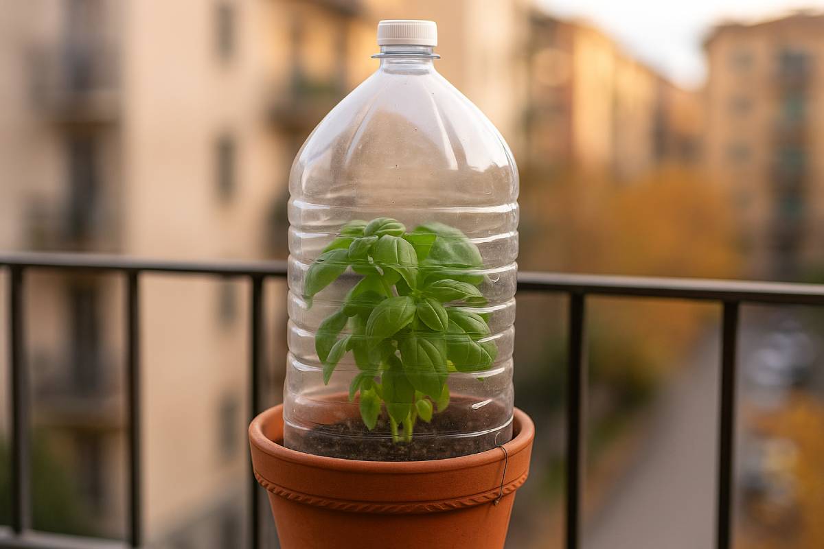 Miniserra con bottiglie di plastica: così si preserva il microclima per il basilico in balcone in autunno