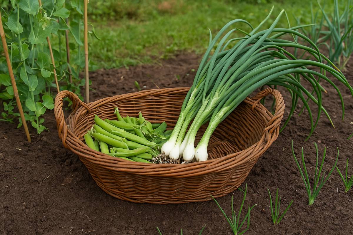 Piselli e cipolle nell'orto di novembre prima del gelo