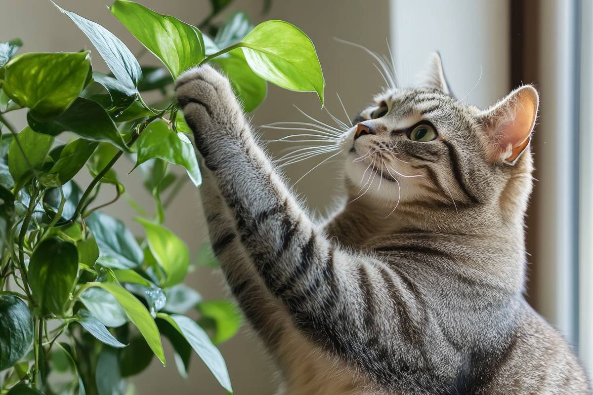 Gatto che gioca con una pianta