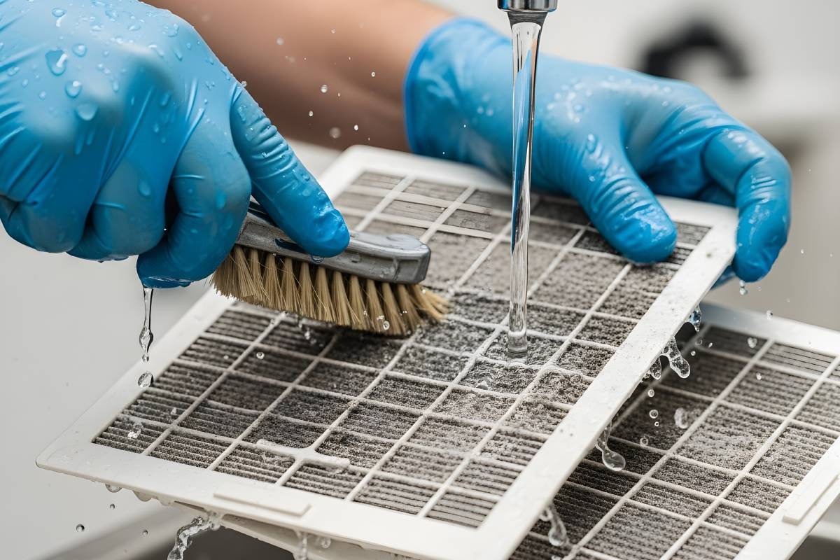 Pulizia dei filtri del condizionatore sotto acqua tiepida
