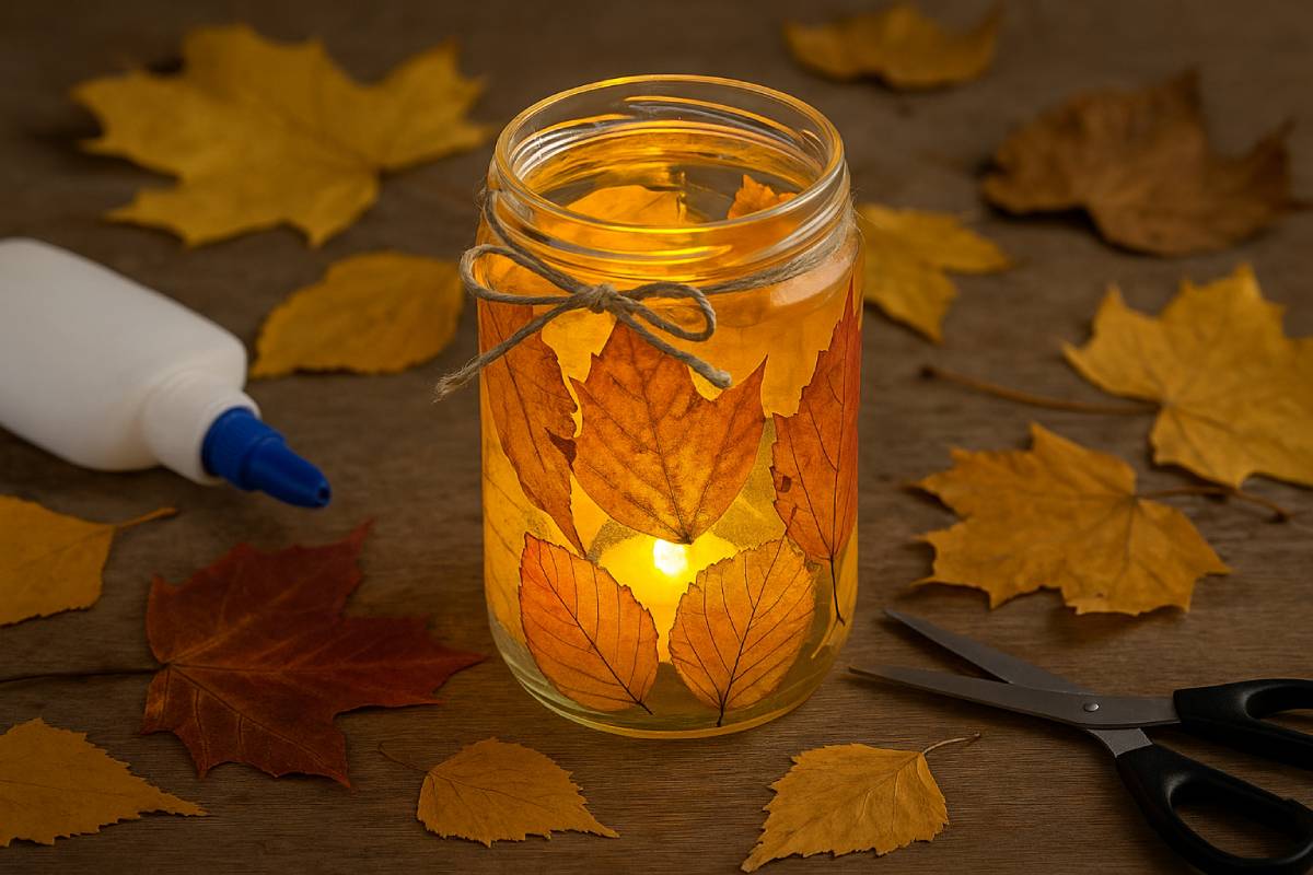 Barattolo con foglie secche e lumino LED