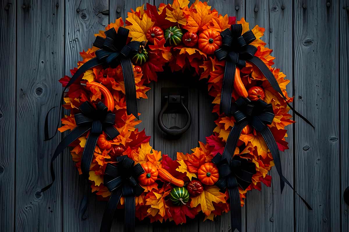 ghirlanda di Halloween con foglie secche e tulle nero