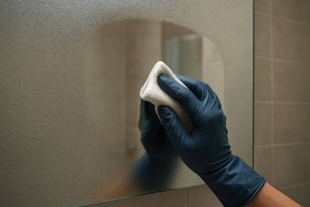 mano che asciuga specchio umido del bagno