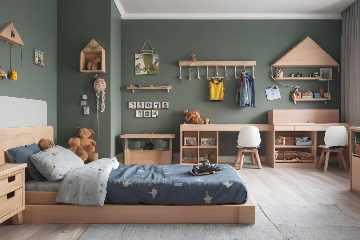 cameretta montessoriana con letto basso e accessori