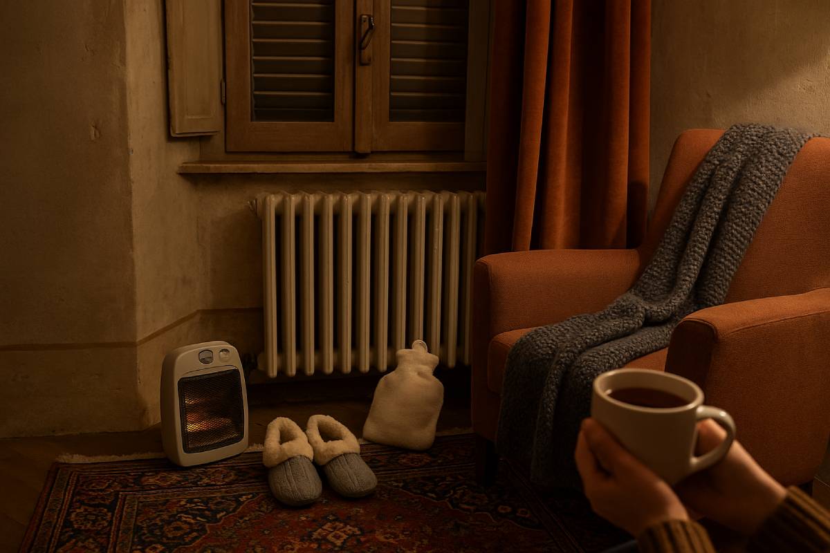 stanza di casa vecchia, con stufetta e divano