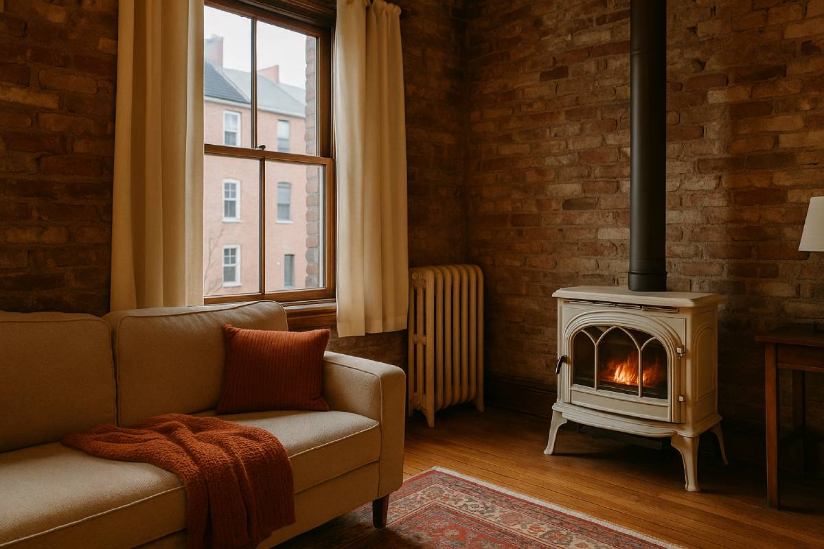 casa vecchia con stufa e tende pesanti