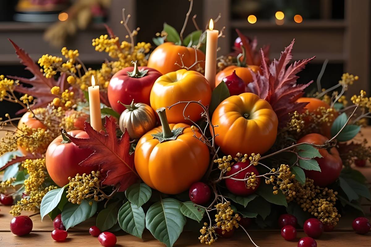 centrotavola con zucche e fiori secchi