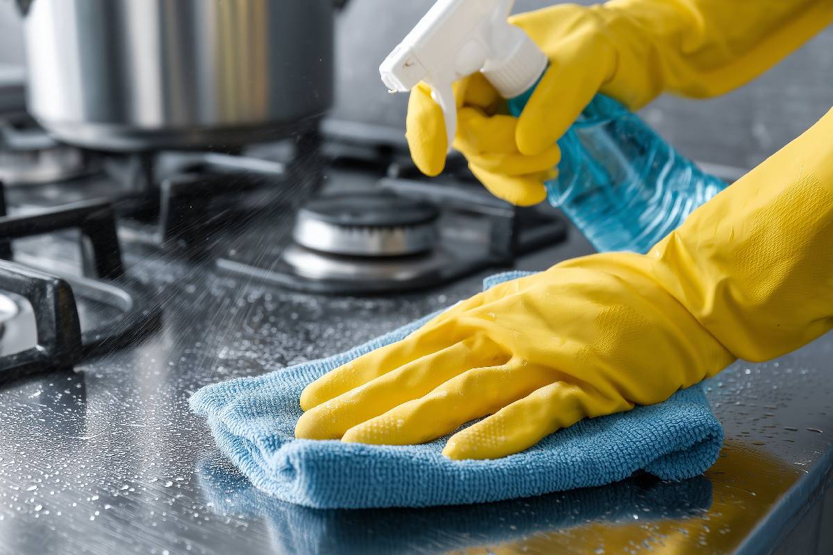 mano che sgrassa il piano cottura con sgrassatore fai da te naturale