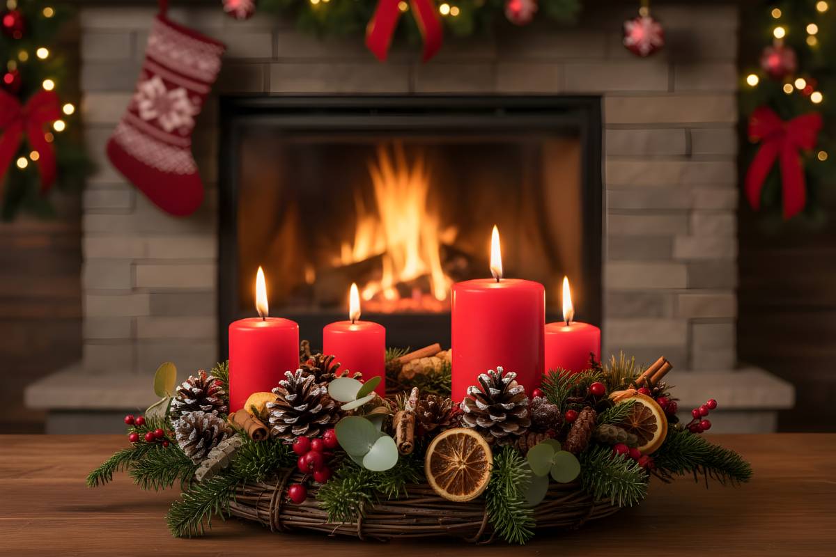 centrotavola con pigne, candele e bacche