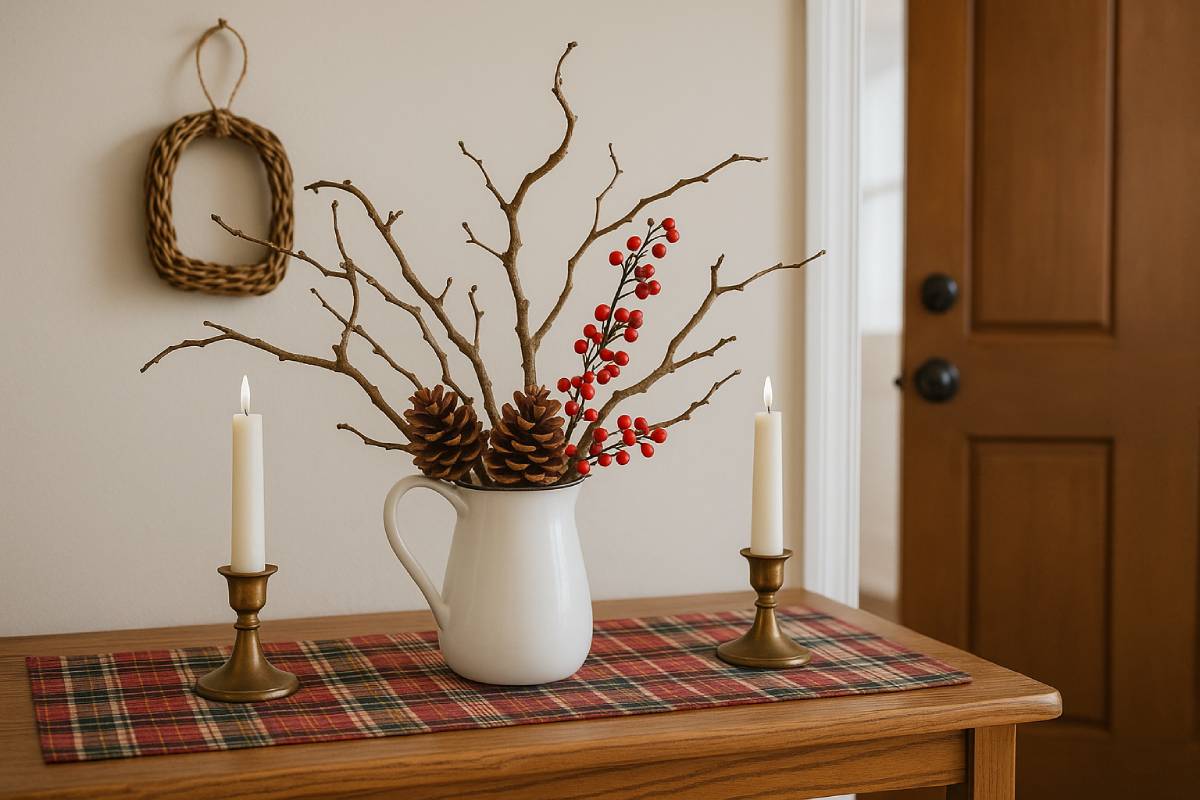 bacche, pigne e rami in una brocca nell'ingresso