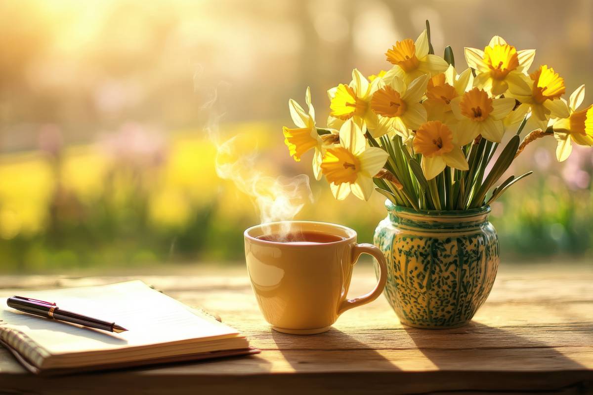 Narcisi in casa invernale, con tazza fumante