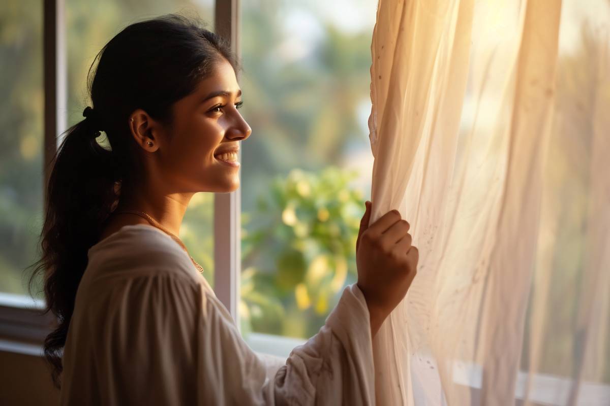 donna che apre una tenda