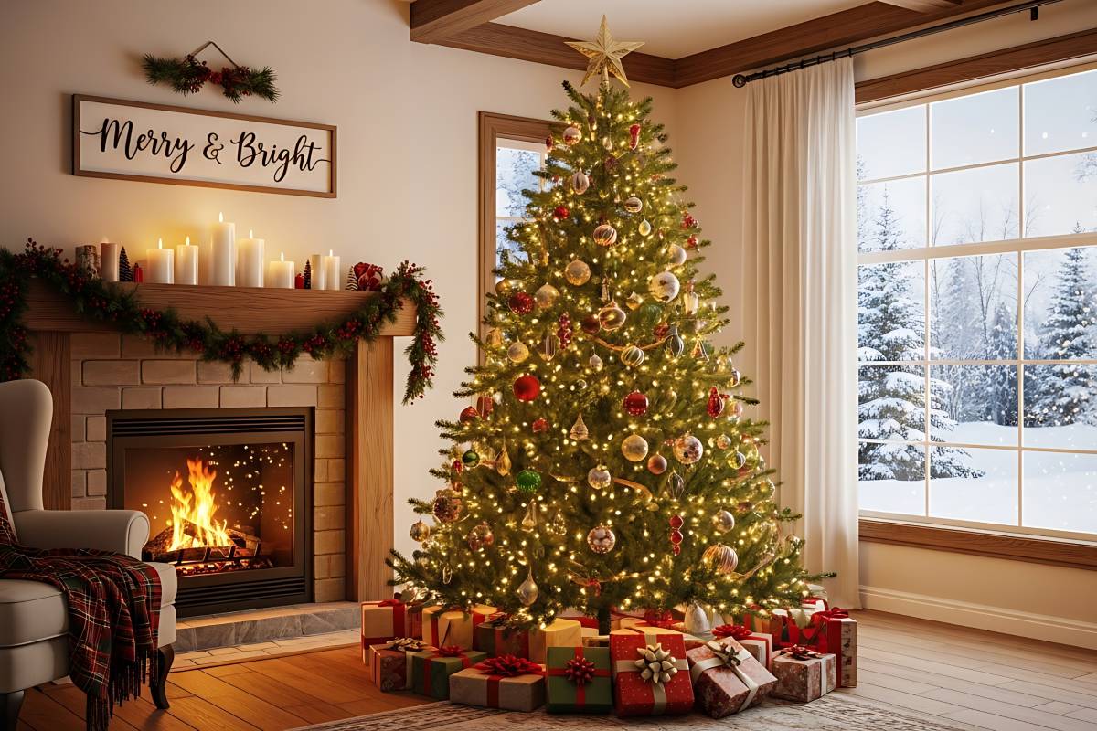 albero di natale luminoso in salotto