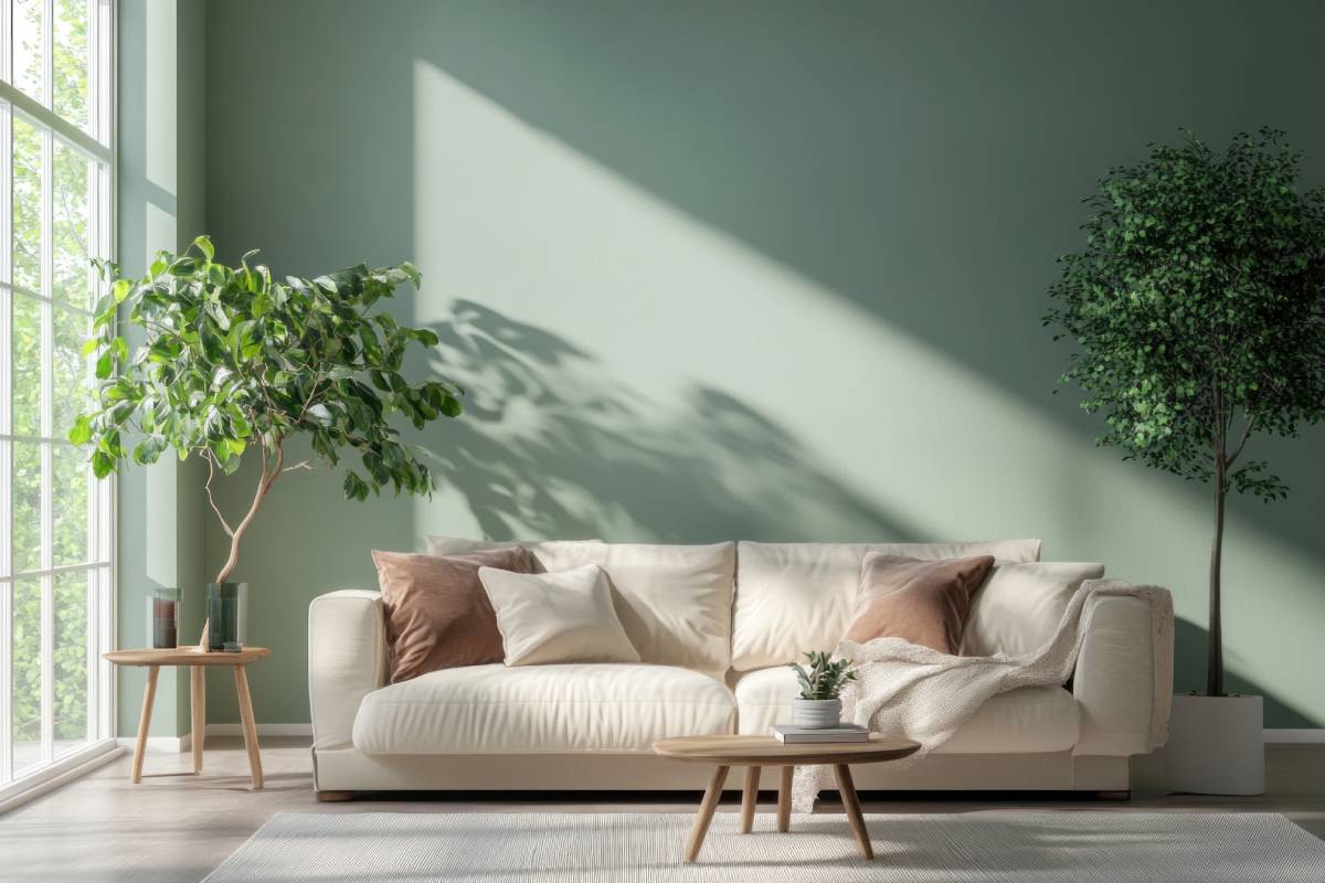 salotto con ficus, una delle piante che tolgono energie negative