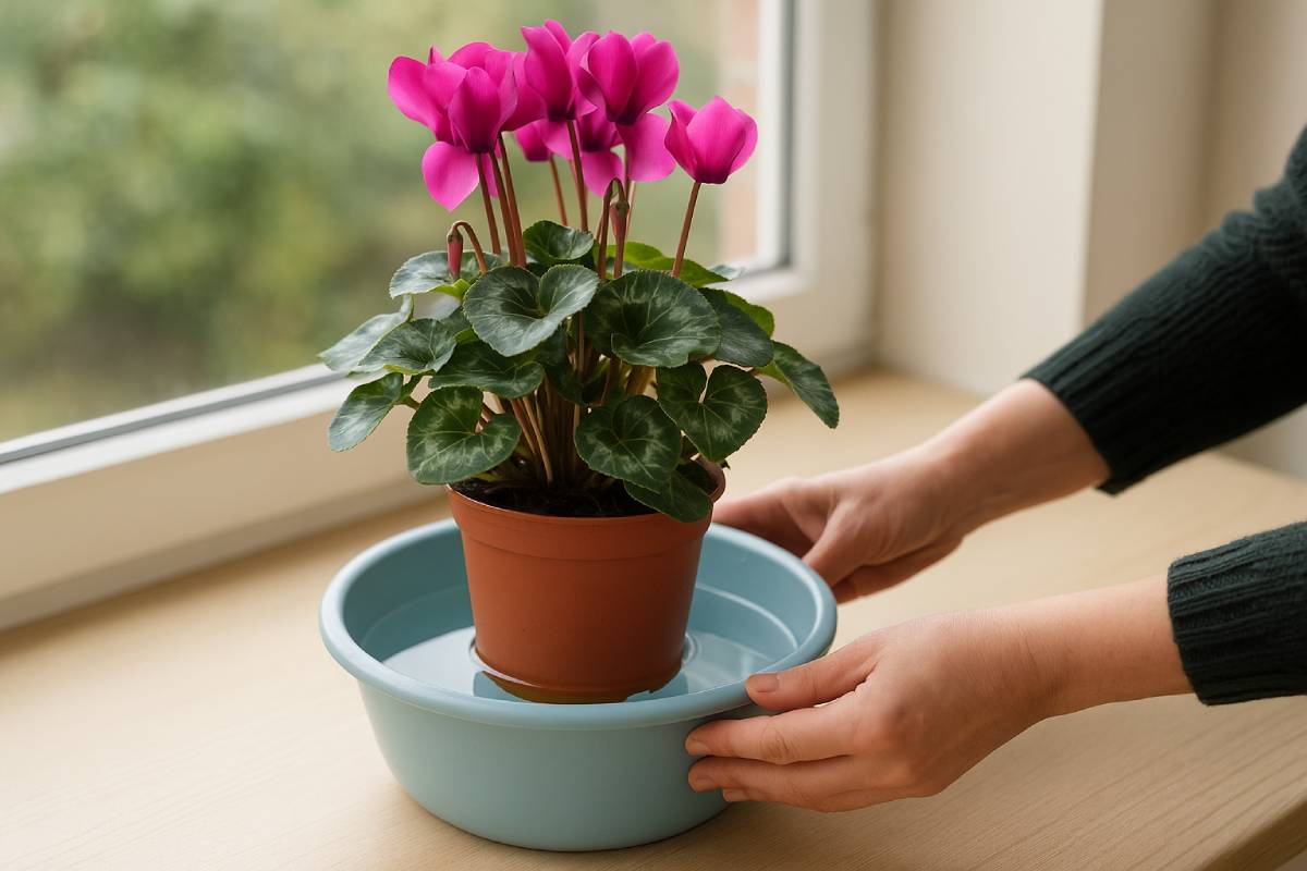 vaso con ciclamini immerso in acqua