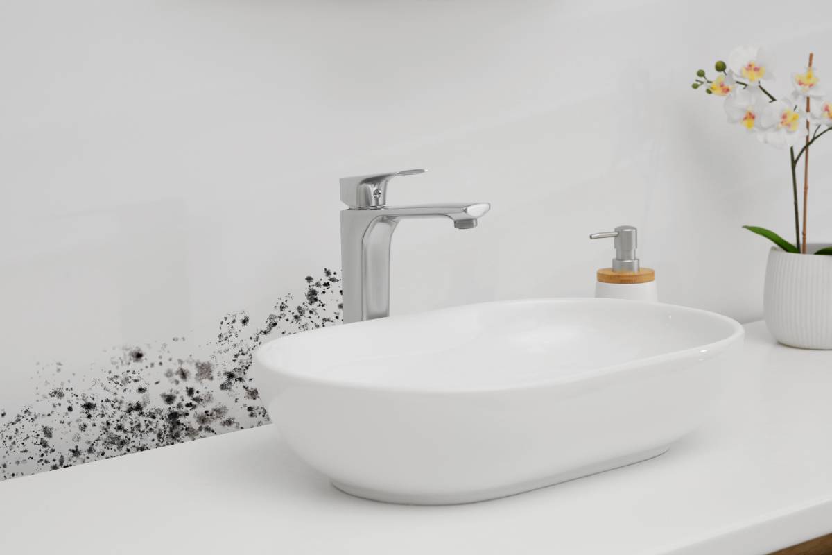 bagno bianco cn muffa dietro la lavabo