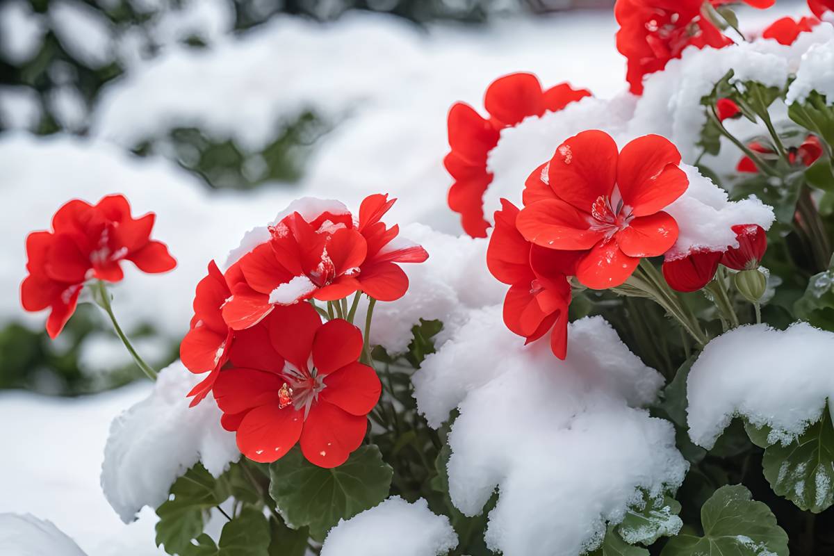 gerani al gelo invernale in balcone