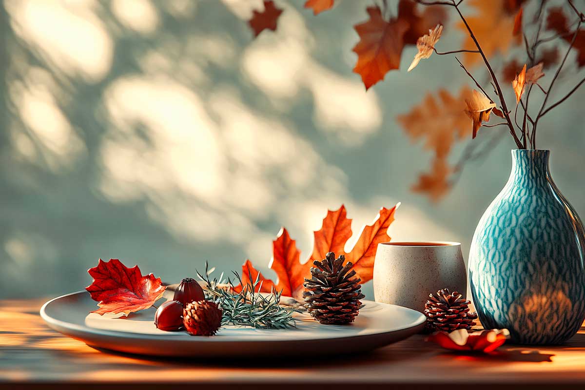 Piatto basso con pigne rami di pino e foglie secche