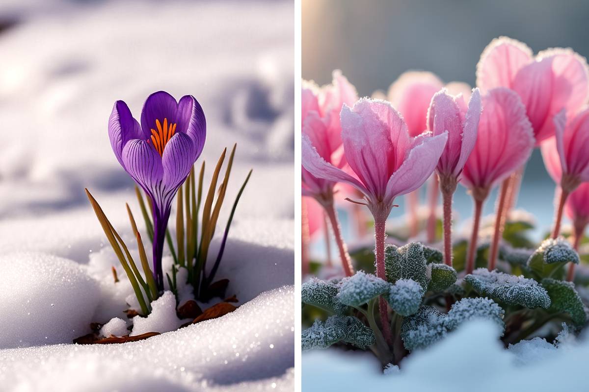 crocus e ciclamini che resistono al freddo dell'inverno