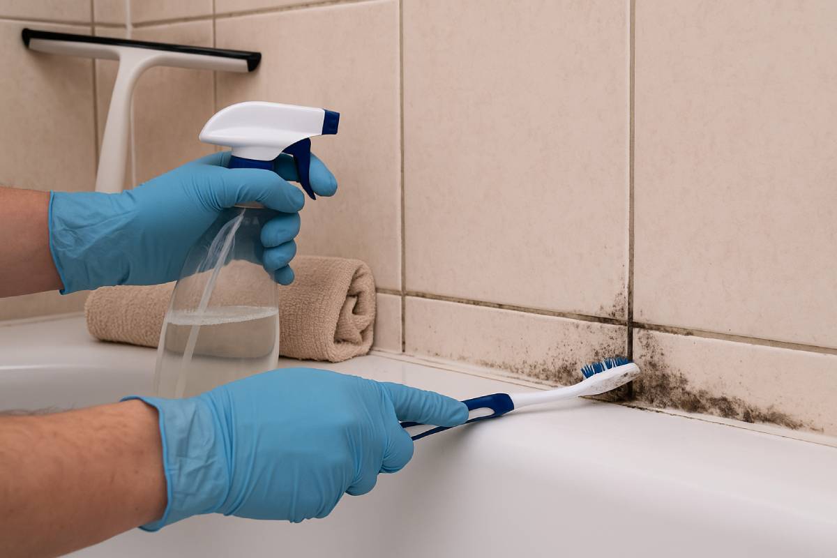 uomo usa sgrassatore naturale in agno con muffa sulla vasca