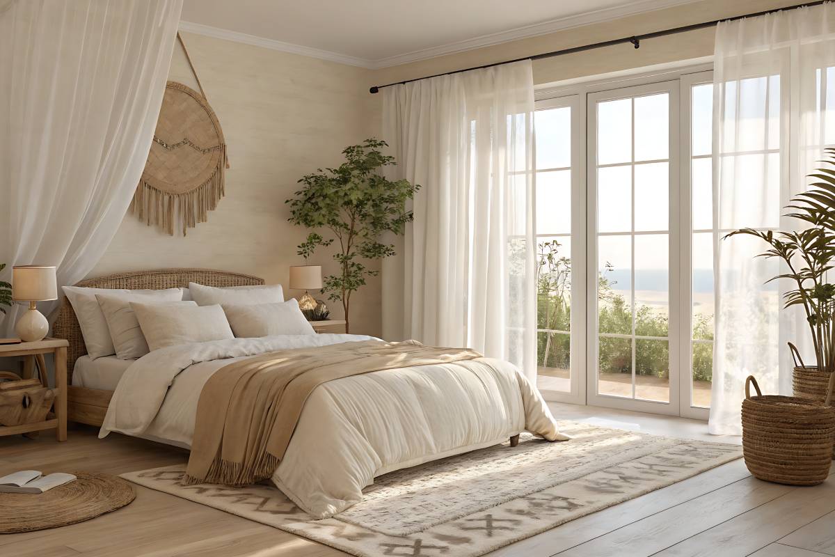 camera da letto con tocchi naturali e colori tenui