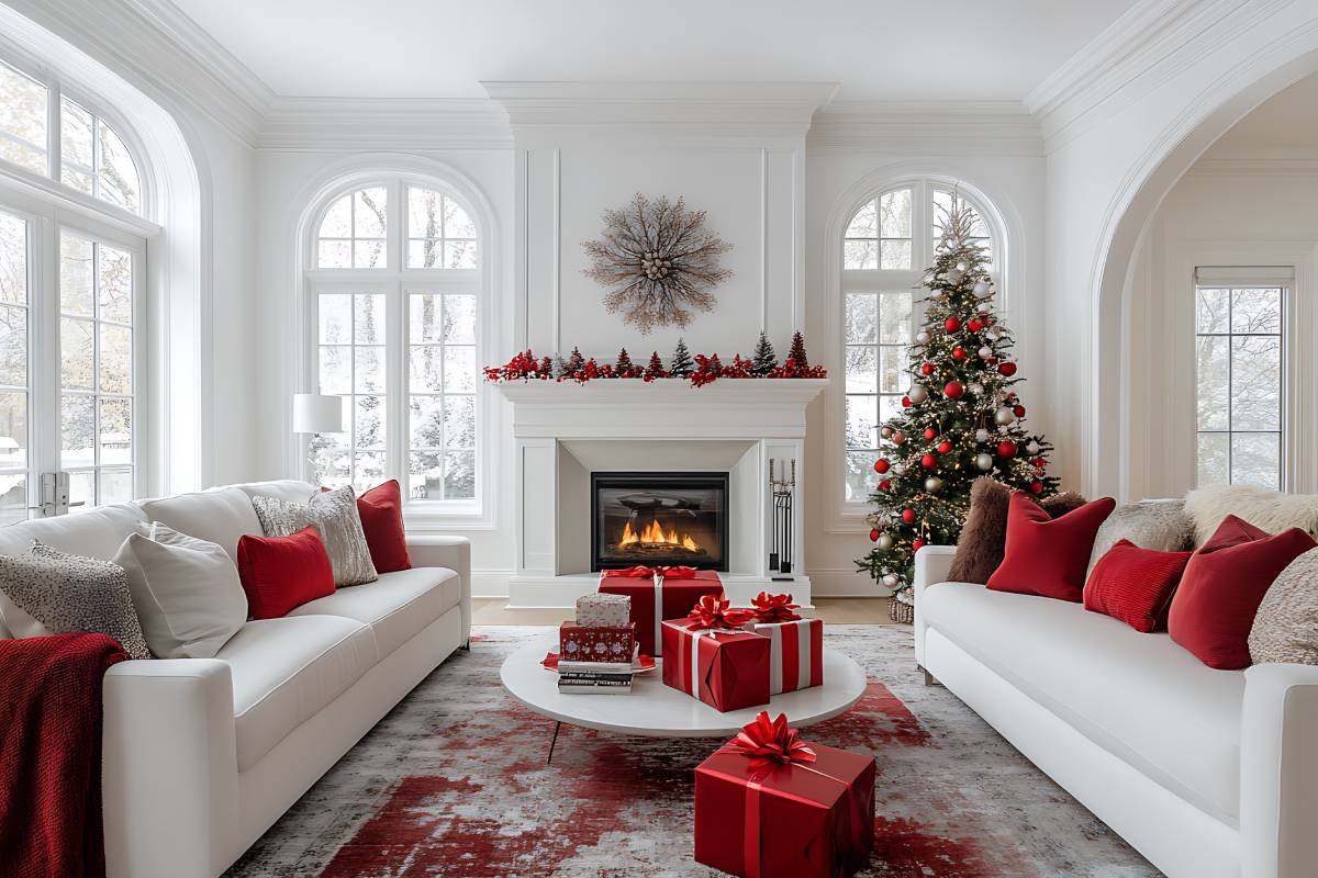 rosso e bianco per un salotto magico a natale