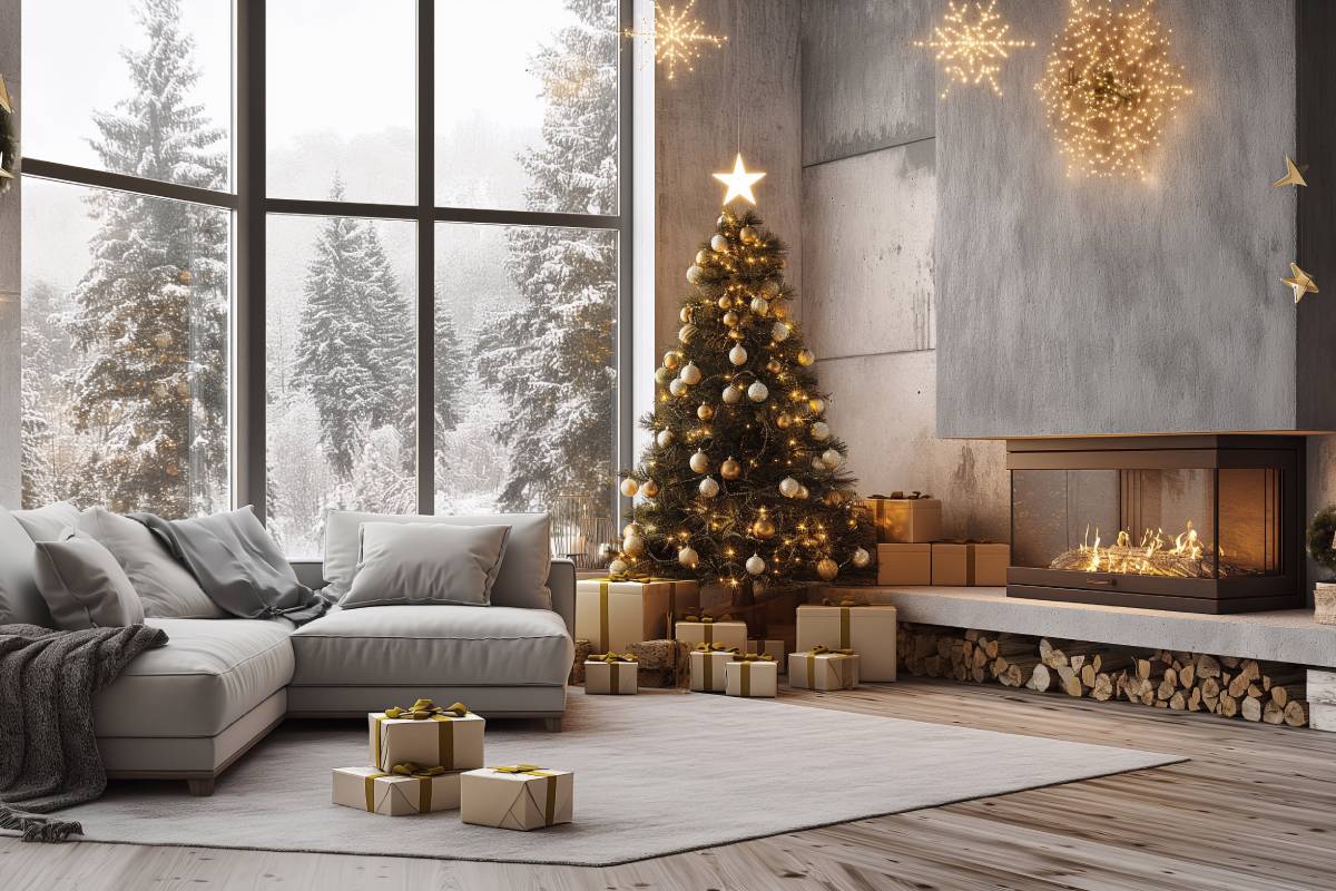 salotto nordico magico di natale, con stelle alle pareti