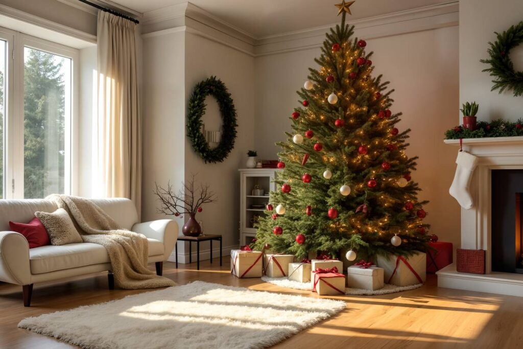 soggiorno con albero di natale, divano bianco e ghirlande alle pareti