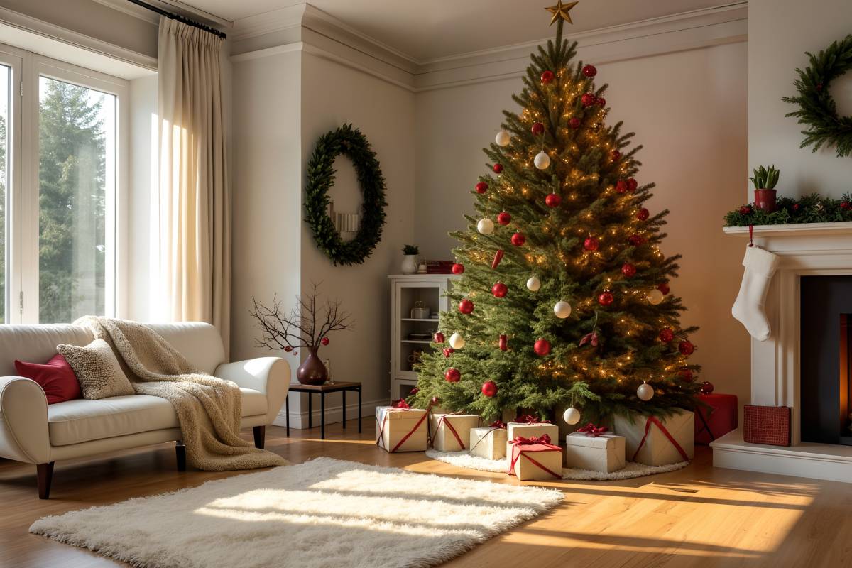 soggiorno con albero di natale, divano bianco e ghirlande alle pareti