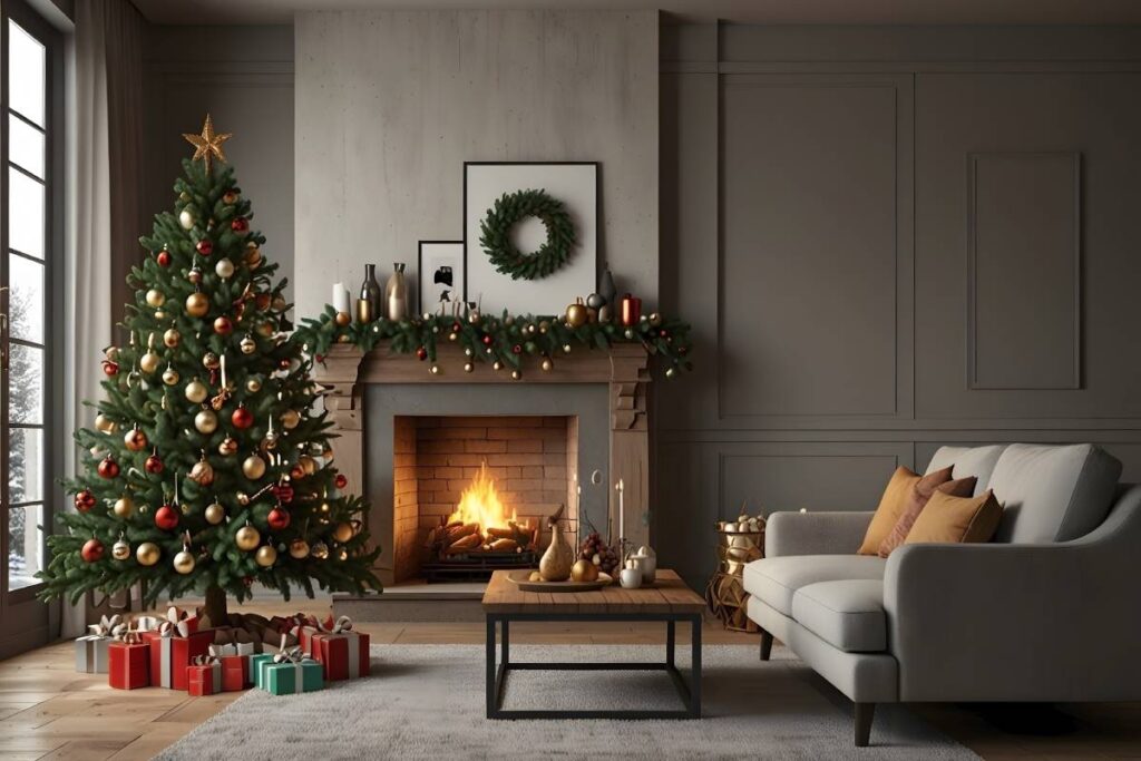 salotto natalizio con albero e declorazioni festose